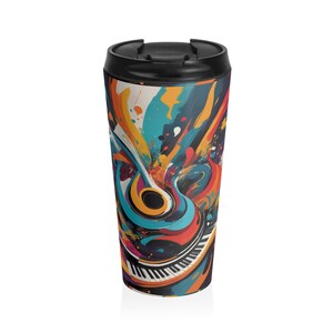 Travel Mug, 15oz stainless steel Vibrant Musical  Artistic Coffee Cup, Stylish Hot Beverage Tumbler, Gift for Musicians