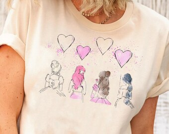 Camiseta vintage de princesas da Disney para o Dia dos Namorados | Camiseta retrô de princesas da Disney | Camiseta combinando para viagem de amigas à Disney | Roupa para viagem à Disneylândia