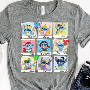 Funny Stitch Matching Disney Princess Characters Shirt | Retro Princess Belle Aurora Elsa Arie T-Shirt | Cute Stitch Emotion Take Photos Tee