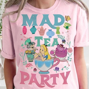 Retro Disney Alice In Wonderland Mad Tea Party Shirt | Floral Alice Mad Hatter Cheshire Cat T-Shirt | Wdw Disneyland Girl Trip Matching Tee
