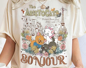 Camiseta Vintage Aristocats Bonjour | Camiseta Floral Disney Aristocats | Camiseta Marie Berlioz Toulouse | Presente para Viagem em Família à Disneylândia