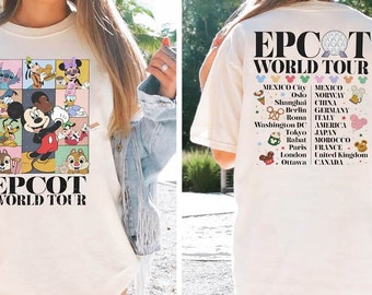 Camiseta vintage dupla face Disney Epcot World Tour | Camiseta "Drink Around The World" | Camiseta combinando para família Epcot | Viagem de menino e menina para a Disneylândia