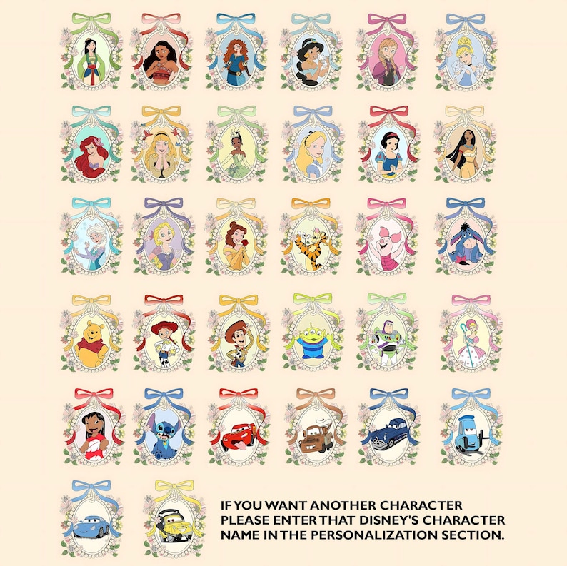 Op de afbeelding: Een kleurrijk diagram met afbeeldingen van verschillende Disney-personages in ovale frames met bloemmotieven. De personages omvatten prinsessen, cartoonfiguren en personages uit Pixar-films. De tekst onderaan luidt "ALS JE EEN ANDER PERSONAGE WILT, VOER DAN DE NAAM VAN DAT DISNEY-PERSONAGE IN IN DE PERSONALISATIE-SEKTIE."