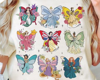 Camiseta vintage de princesas Disney con mariposas / Linda camiseta de Aurora, Ariel, Bella, Cenicienta, Tiana / Camiseta familiar a juego de Disneyland