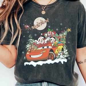 Retro Mickey & Friends Christmas Cars Sweatshirt | Lightning Mcqueen Car T-shirt | Disney Family Christmas Matching Tee | Disney Christmas
