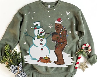 Retro Chewie Santa Hat With Snowman Sweatshirt | Star Wars Chewbacca T-shirt | Disney Holiday Trip, Galaxy'S Edge Tee | Disneyland Trip