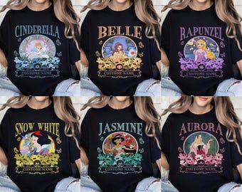 Anpassen Disney Prinzessin Charaktere Blumenhemd | Tiana Ariel Elsa Rapunzel Belle Jasmin Tshirt | Disneyland Familienausflug Urlaub 2026