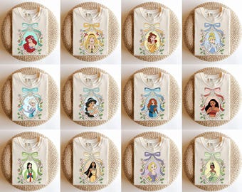 Vintage Kokette Bögen Blumen Disney Prinzessinnen Alle Charaktere Shirt | Belle Aurora Elsa Ariel Tiana Jasmin Rapunzel Tshirt | Zauberreich