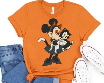 Minnie Mouse And Figaro Cat Gothic Shirt | Disney Halloween Goth Style T-shirt | Disneyland Spooky Season Tee Disneyland Halloween Trip