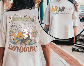 Camiseta vintage dupla face Aristocats Bonjour | Camiseta floral Disney Aristocats | Camiseta Marie Berlioz Toulouse | Presente para viagem em família à Disneylândia