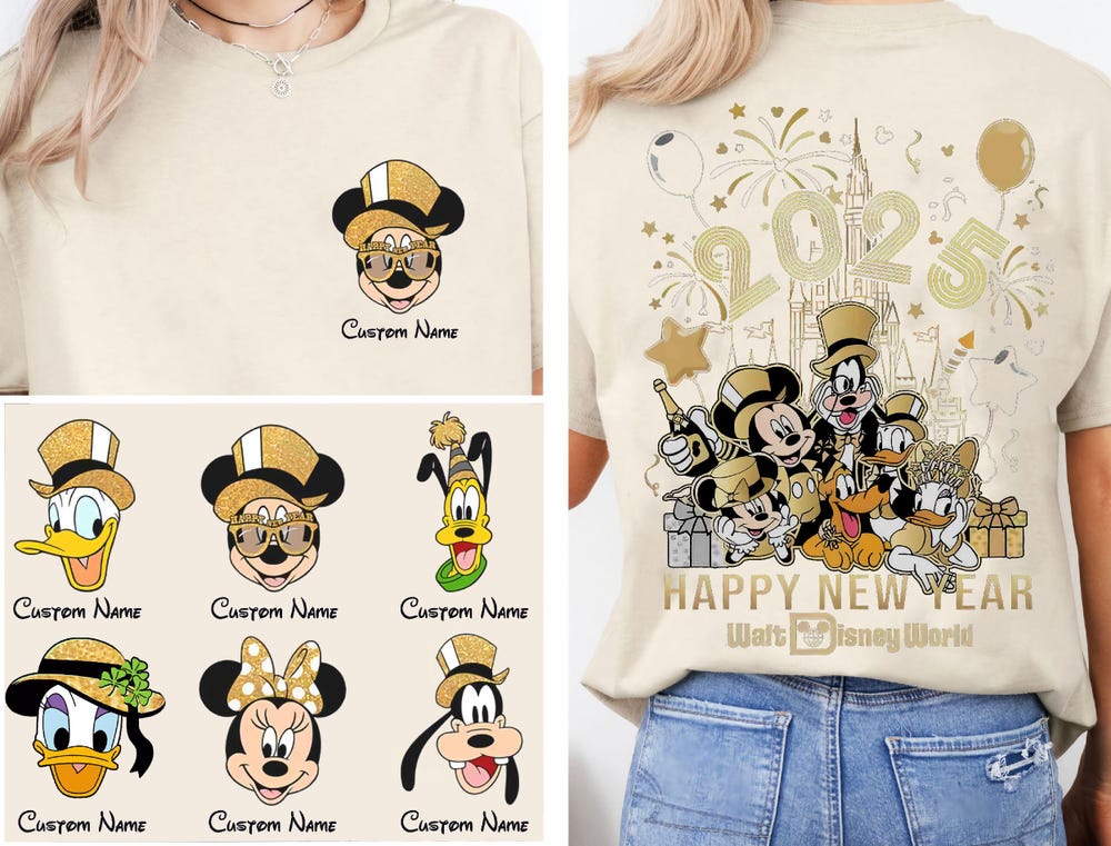Custom Name 2- Sided Mickey & Friends Happy New Year Fireworks 2025 Shirt | Walt Disney World Tshirt | New Year Crew Shirt | Magic Kingdom Bespoketshirt