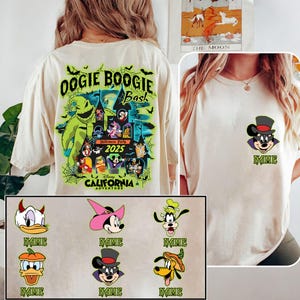 以下が含まれることがあります： ハロウィーンをテーマにしたグラフィックが施されたクリーム色のTシャツ。1枚のシャツには「Oogie Boogie Bash」と「Halloween Party 2025」の文字が入った大きなデザインが施されています。もう1枚のシャツにはシルクハットをかぶったミッキーマウスのキャラクターが描かれています。追加のキャラクターデザインは以下に表示されています。