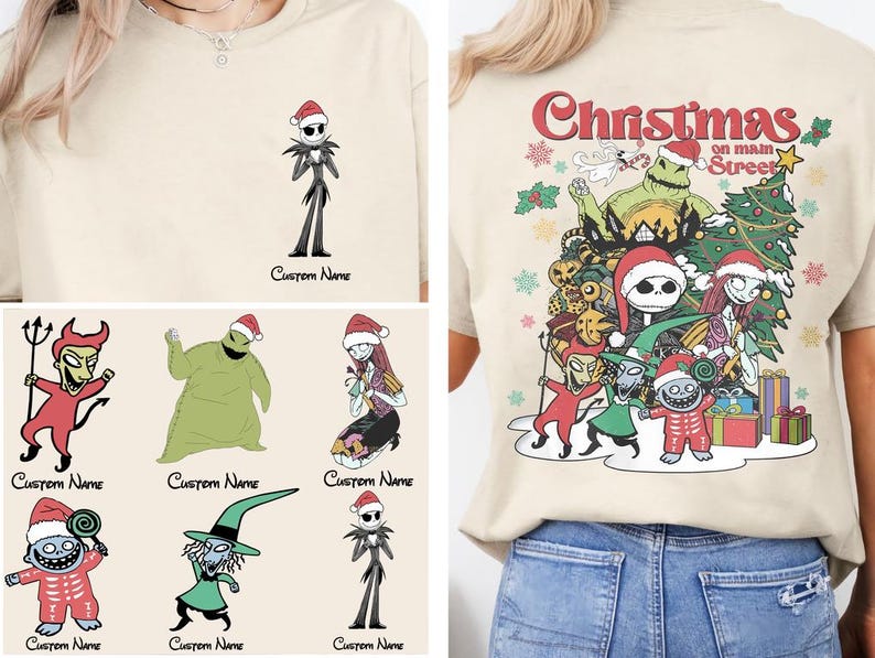 Puede incluir: Una camiseta beige con un dise&ntilde;o de Navidad en la calle principal con personajes de Pesadilla antes de Navidad. El dise&ntilde;o incluye a Jack Skellington, Sally, Oogie Boogie y otros personajes. El texto "Christmas on Main Street" est&aacute; impreso en la camiseta.