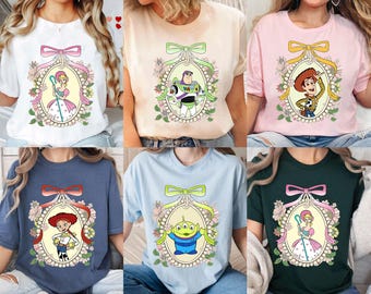 Koszulka Vintage Coquette Bows Disney Pixar Toy Story ze wszystkimi postaciami | Koszulka Woody Jessie Buzz Alien Rex | Rodzinna wycieczka do Disneylandu