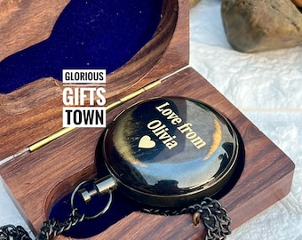 Engraved Brass Compass, Personalized Gift with Wooden Box