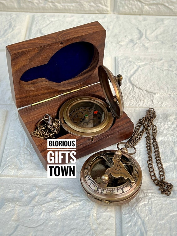 Handgefertigter Sonnenuhr-Kompass Aus Messing – Vintage-Geschenk In Holzbox Mit Rosenholz