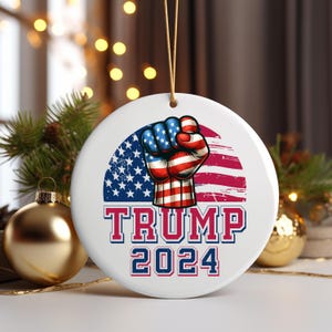 Trump 2024 Christmas Ornament: Patriotic USA Flag Fist Holiday Keepsake