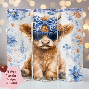Summer Highland Cow Tumbler Wrap, Seamless Coquette Cow PNG, 20oz Skinny Tumbler Sublimation, Floral Digital Download PNG, Cow Lover Gift