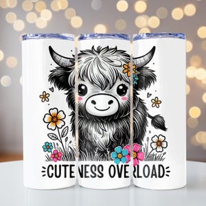 Cuteness Overload Highland Cow Tumbler Wrap, Highland Cow and Floral 20 oz Skinny Tumbler, Seamless Sublimation Design Digital Download PNG