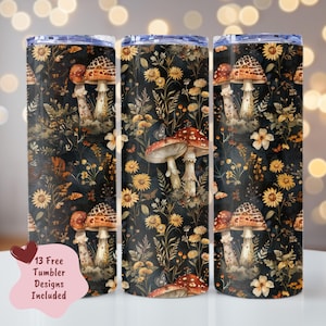 Dark Cottagecore Mushroom Tumbler Wrap PNG, Seamless Mushroomcore Tumbler Wrap, 20oz Skinny Tumbler Sublimation Design, Instant Digital ONLY