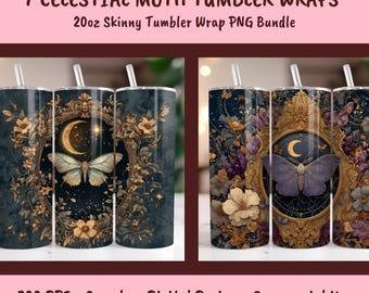 Celestial Lunar Moth Tumbler Wrap PNG Bundle, Seamless 20oz Skinny Tumbler Designs for Sublimation Dark Academia Boho Moth Digital Download