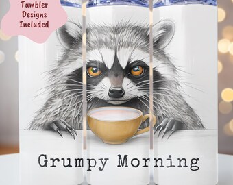 Envoltura para vaso de mapache gruñón PNG, diseño de sublimación de animal de café divertido, descarga digital de vaso delgado de 20 oz, diseño de mañana gruñona