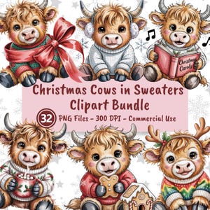 Christmas Cows in Sweaters Clipart PNG Bundle, Highland Cow Clipart, Cute Cows in Christmas Sweaters PNG Holiday Farm Animals Commercial Use