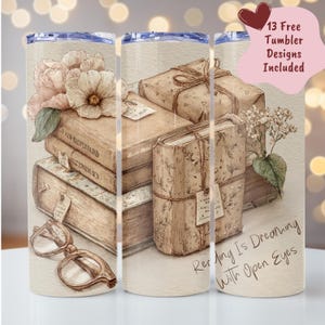 Reading is Dreaming Tumbler Wrap PNG, Nahtloser Vintage Buchliebhaber 20 Unzen Skinny Tumble Wrap Bücherstapel Sublimationsdesign Bookish PNG, Booktok