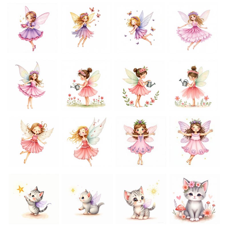 Whimsical Fairy Clipart PNG Bundle, Watercolor Fairy Garden Clipart ...
