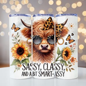 Funny Sarcastic Tumbler Wrap, Sassy-Classy Highland Cow 20 oz Skinny Tumbler, Seamless Sublimation Design Digital Download PNG Funny Cow