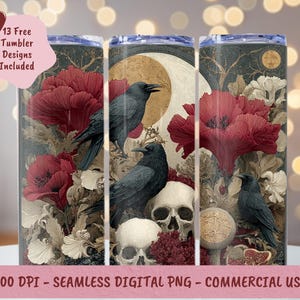 Gothic Crow and Skull Tumbler Wrap PNG, Dark Academia Halloween 20oz Skinny Tumbler Sublimation Design, Raven Moon Floral Digital Download