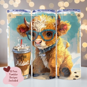 Cute Cow Tumbler Wrap, Coffee Addict Highland Cow 20 oz Skinny Tumbler, Seamless Sublimation Design Digital Download PNG, Funny Cow Tumbler