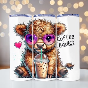 Cute Cow Tumbler Wrap, Coffee Addict Highland Cow 20 oz Skinny Tumbler, Seamless Sublimation Design Digital Download PNG Funny Cow Tumbler