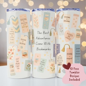 Book Lover Tumbler Wrap PNG, Seamless Bookmark 20oz Skinny Tumbler Wrap, Sublimation Design, Digital Bookish PNG, Reading Adventure Wrap PNG