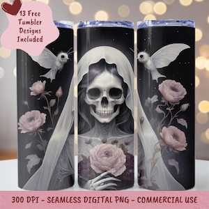 Skeleton Bride Tumbler Wrap PNG, Gothic Floral Skull Bride 20oz Skinny Tumbler Sublimation Design, Dark Romance Halloween Witchy PNG