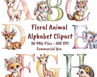 Woodland Animal Alphabet Clipart Bundle, Watercolor ABC Letters PNG, Boho Nursery Animal Digital Download, Commercial Use