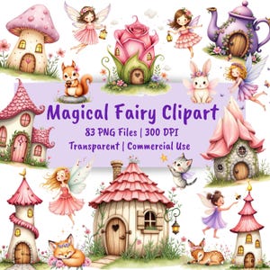 Whimsical Fairy Clipart PNG Bundle,  Watercolor Fairy Garden Clipart, Magical Fairy Nursery Clipart, Enchanted Forest, Fairytale Cottage PNG