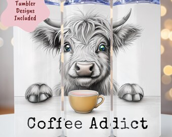 ハイランド牛のタンブラーラップPNG、面白いコーヒー中毒者の昇華デザイン、かわいい牛の20オンス細身タンブラー、農場の動物のデジタルダウンロード、シームレス