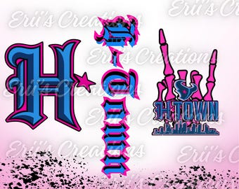 以下が含まれることがあります： 「HOUSTON」と「H TOWN」の文字をあしらったグラフィックデザインのコレクション。デザインは青、ピンク、黒の配色を使用しています。「H」には星があり、「H TOWN」のデザインにはスカイラインが含まれています。