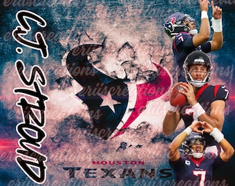 May include: A digital art print featuring a distressed, textured background with a red, white and blue Houston Texans logo. The logo is surrounded by the text "Houston Texans". The image also features three photos of a football player wearing a blue and red Houston Texans jersey. The text "D.J. Stroud" is written vertically on the left side of the image.