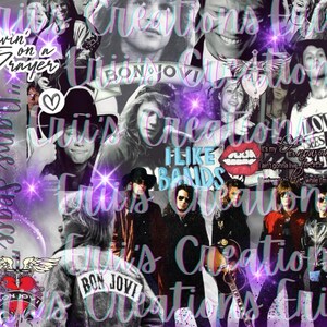 May include: A collage of images featuring various rock bands, including Bon Jovi, with the text "Livin' on a Prayer", "I Like Bands", and "Love Has No Space" in a purple and pink colour scheme.