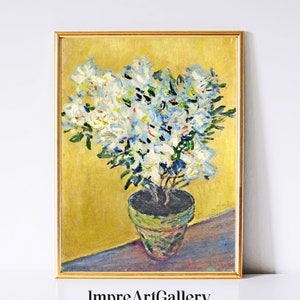 Peut inclure: Peinture encadrée de fleurs blanches dans un pot vert et marron sur fond jaune. L'œuvre est dans un cadre doré, avec le texte "ImpreArtGallery" en bas.