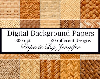 Wicker Basket Digital Paper, 20 Rattan Texture Backgrounds for Junk Journal Scrapbook, Printable PDF Seamless Download