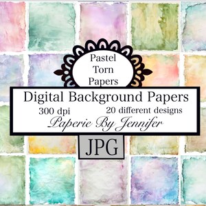 Op de afbeelding: Digitale achtergrondpapieren met diverse pastelkleuren, waaronder roze, groen en paars. De afbeelding toont 20 verschillende ontwerpen met een gescheurd papiereffect. De tekst op de afbeelding luidt "Pastel Torn Papers" en "Digital Background Papers".