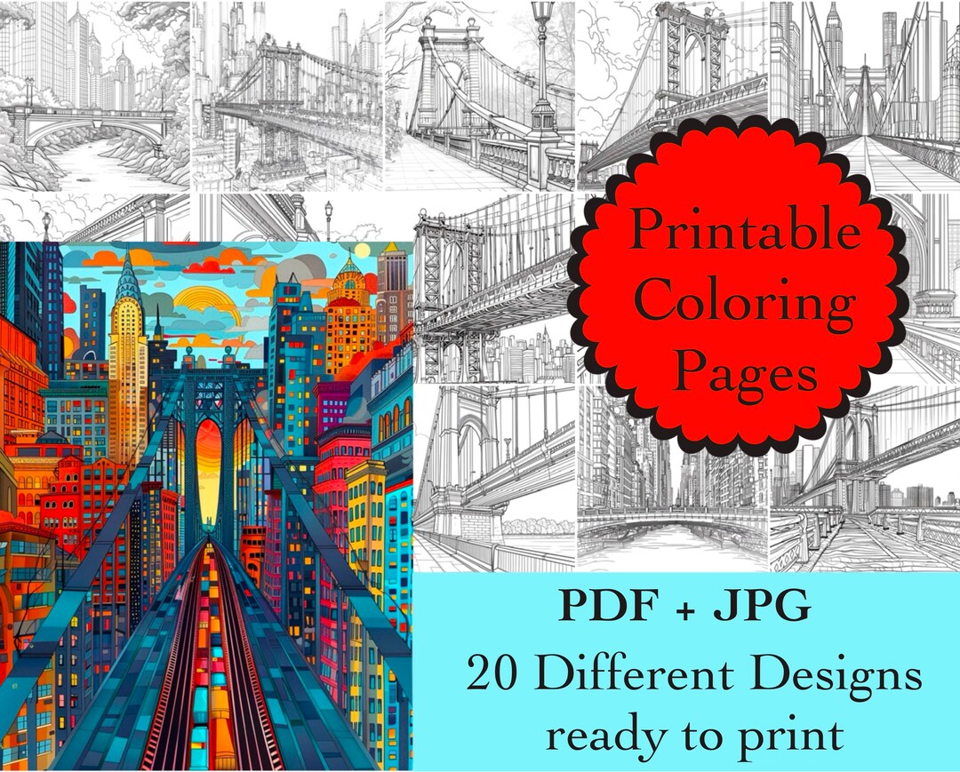 Bridge Coloring Graphics City Bridges Coloring Book 20 Bridges Coloring Pages Instant Download ...