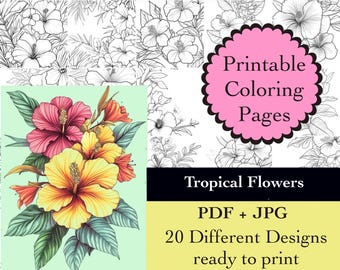 May include: Printable coloring pages featuring 20 different designs of tropical flowers. The image shows a colorful bouquet of hibiscus flowers with green leaves. PDF + JPG. ready to print.