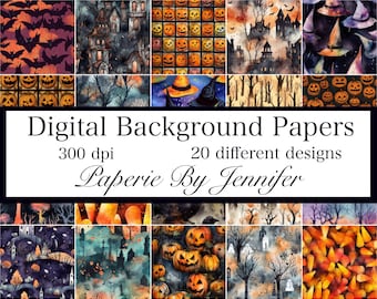 May include: A digital paper pack with 20 different Halloween designs. The designs feature pumpkins, bats, witches, and haunted houses. The papers are 300 dpi and perfect for crafting and scrapbooking.