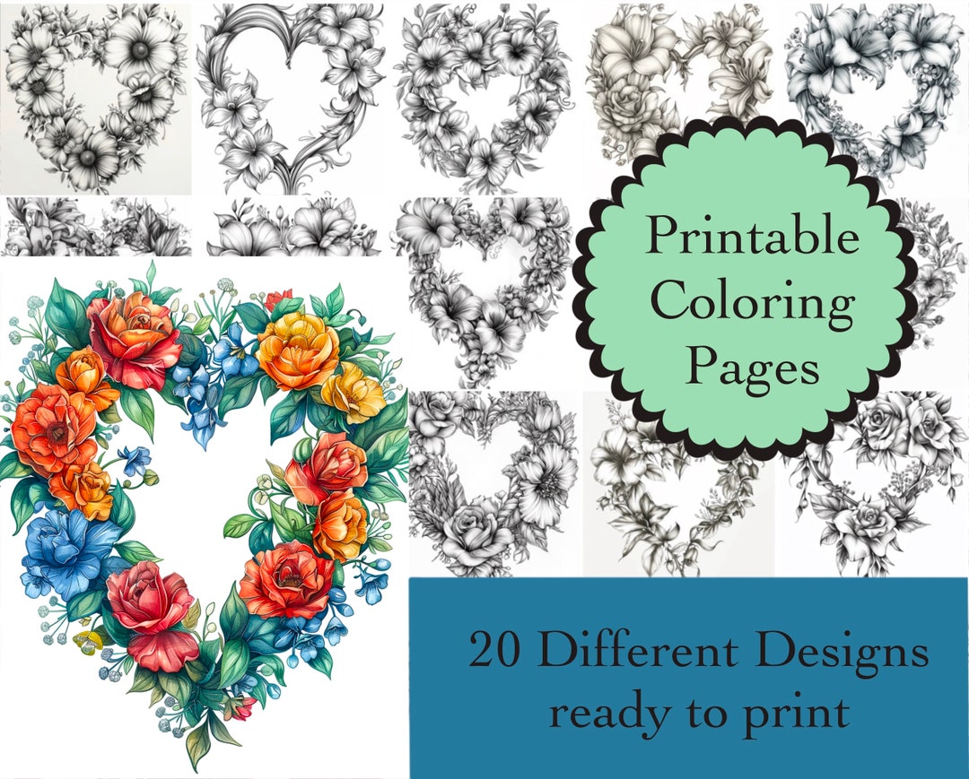 Heart Wreath Coloring Book 20 Heart Wreath Coloring Pages Instant ...