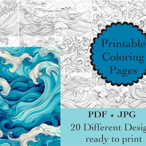 Op de afbeelding: Een set van 20 printbare kleurplaten met ingewikkelde ontwerpen van oceaan golven. De platen zijn beschikbaar in PDF en JPG-formaten en zijn klaar om te printen.