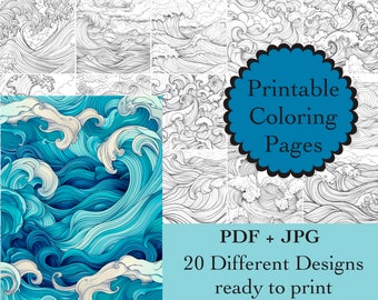 May include: A set of 20 printable coloring pages featuring intricate designs of ocean waves. The pages are available in PDF and JPG formats and are ready to print.
